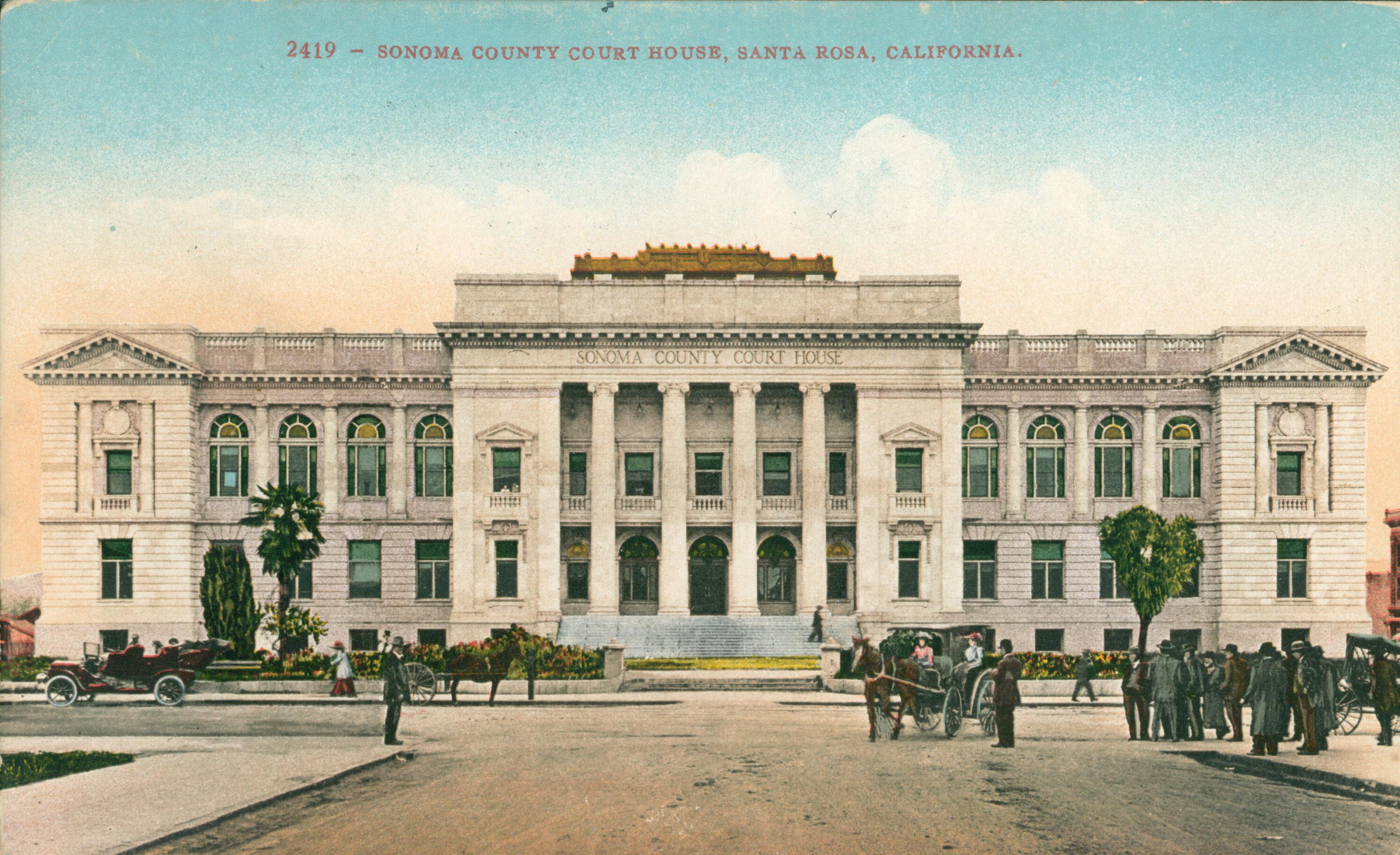 Shows a frontal view of the Santa Rosa courthouse